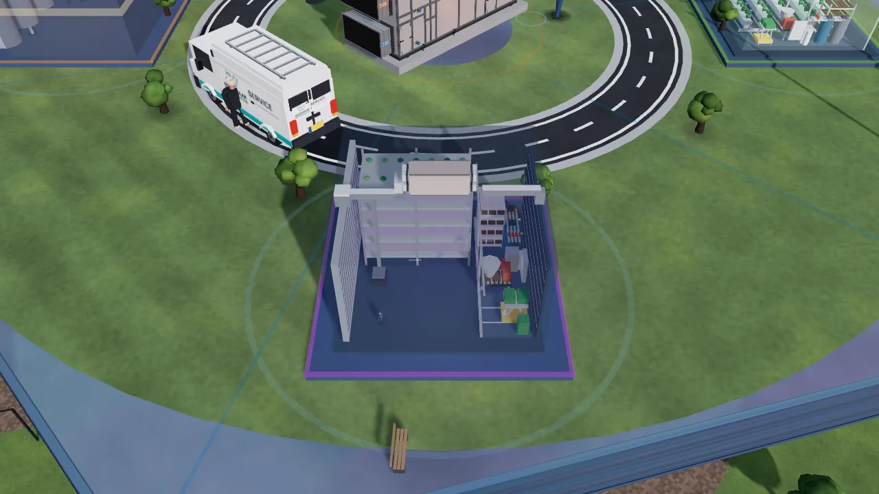 De vertical farm op het plateau van onze 3D-wereld